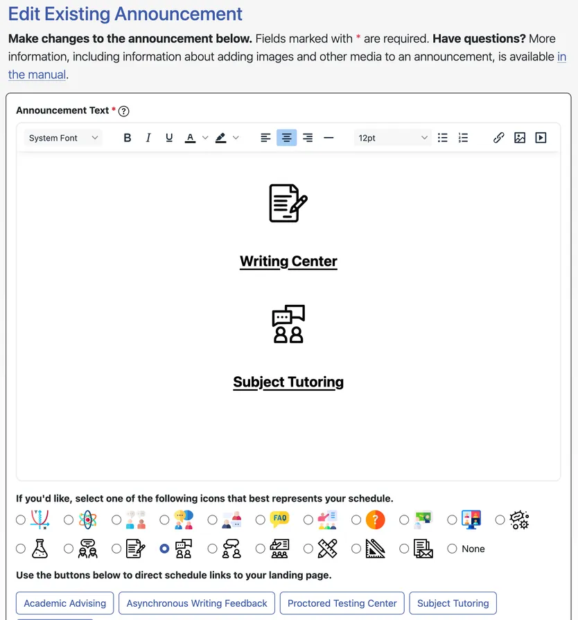 Editing a student-facing announcement in WCONLINE's rich text editor, with a choice of schedule icons and buttons that direct schedule links to the landing page