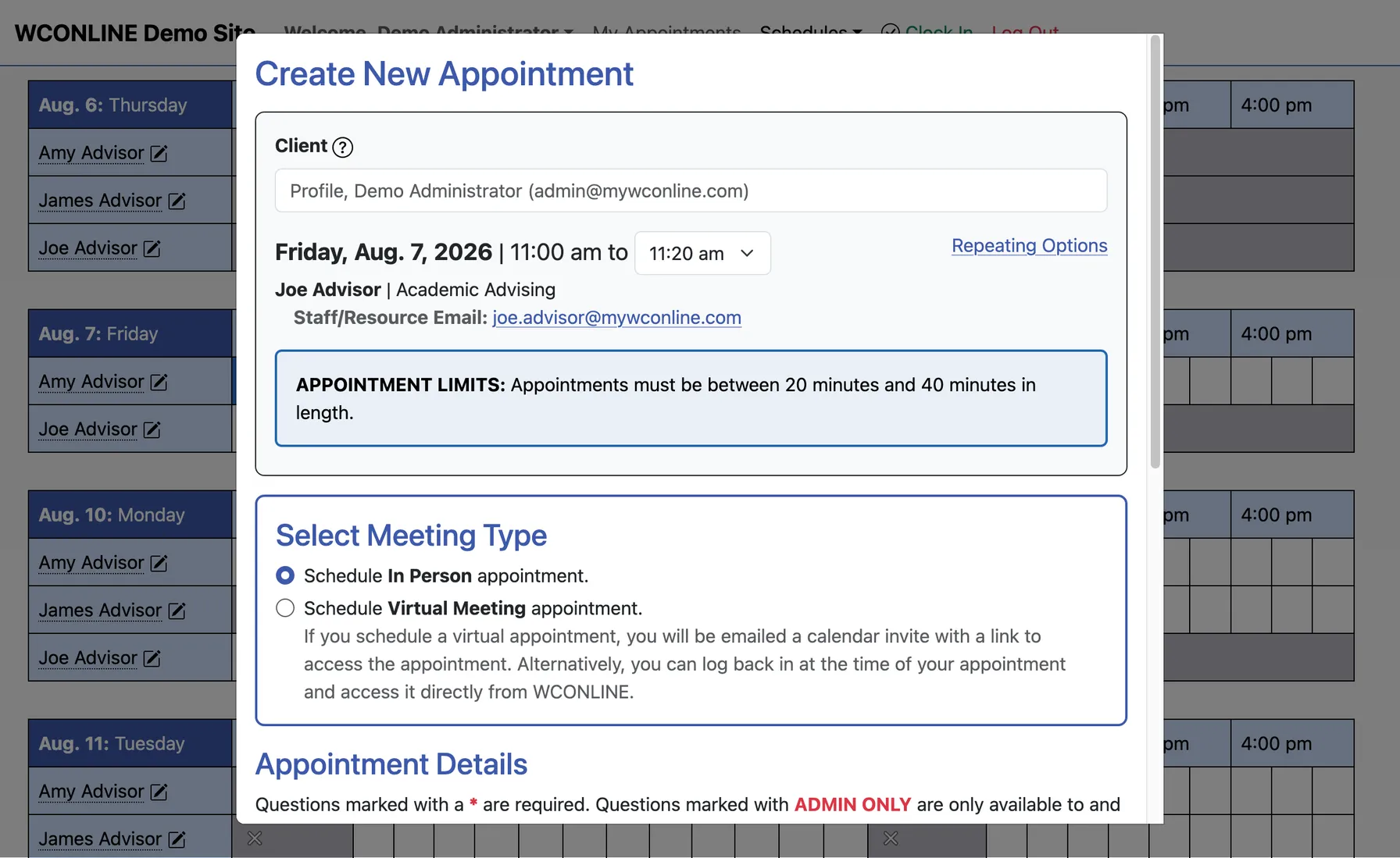 The WCONLINE create-appointment form open over the week's schedule, with the client, staff member, and time slot filled in and a choice between an in-person and a virtual meeting