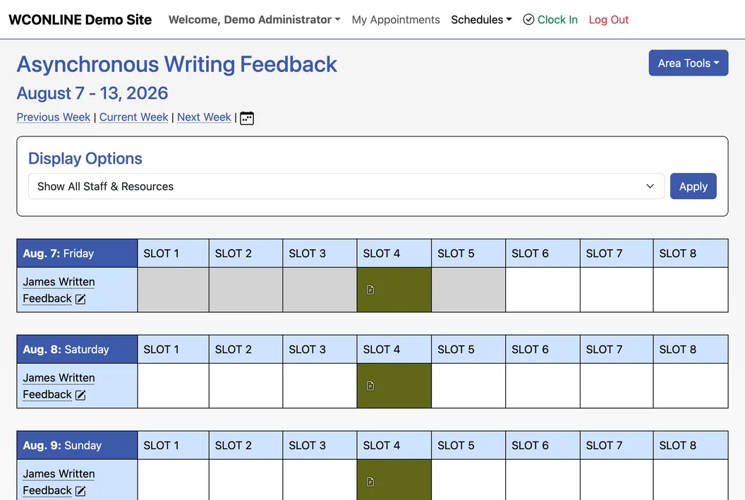 A week of an Asynchronous Writing Feedback schedule in WCONLINE, with a written-feedback slot reserved on each day