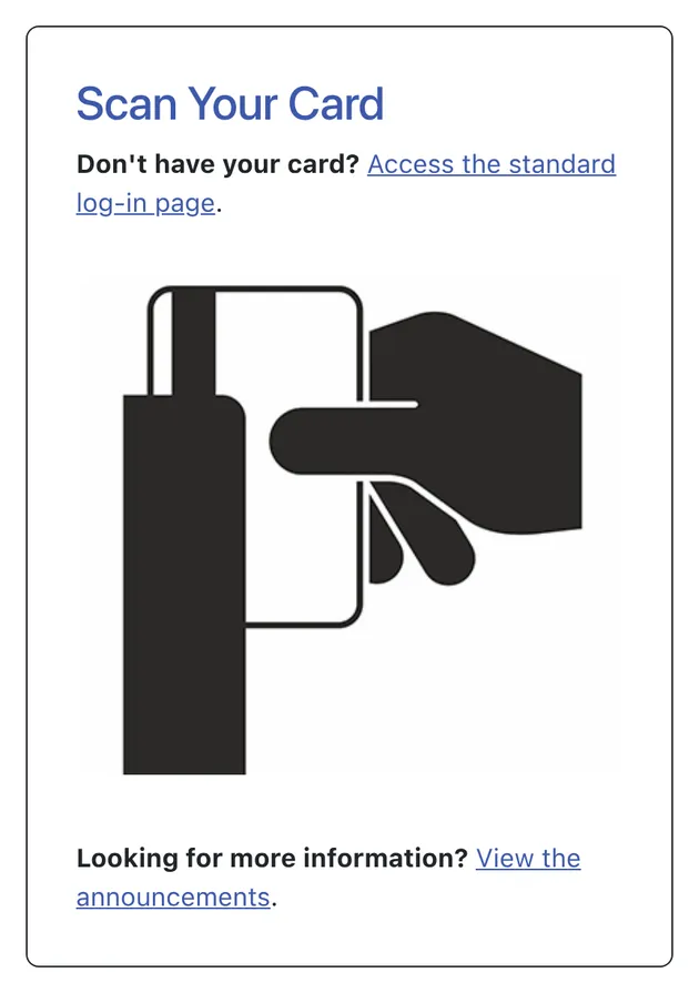 WCONLINE's kiosk prompt asking the student to scan their card, with a link to the standard log-in page for anyone without their card