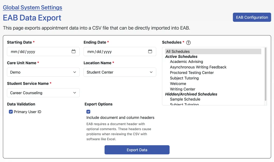 WCONLINE's EAB Data Export page, exporting appointment data for a chosen date range, care unit, and set of schedules as a CSV for direct import into EAB