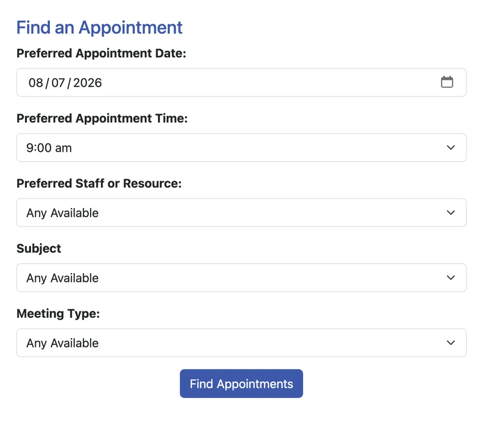 The WCONLINE Find an Appointment form with a preferred date and time chosen and staff, subject, and meeting type set to any available, above the Find Appointments button