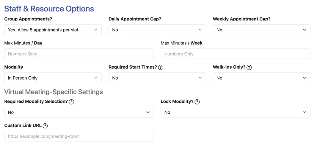 A schedule's staff and resource options in WCONLINE with group appointments enabled to allow five appointments per slot, beside daily and weekly appointment caps and modality settings