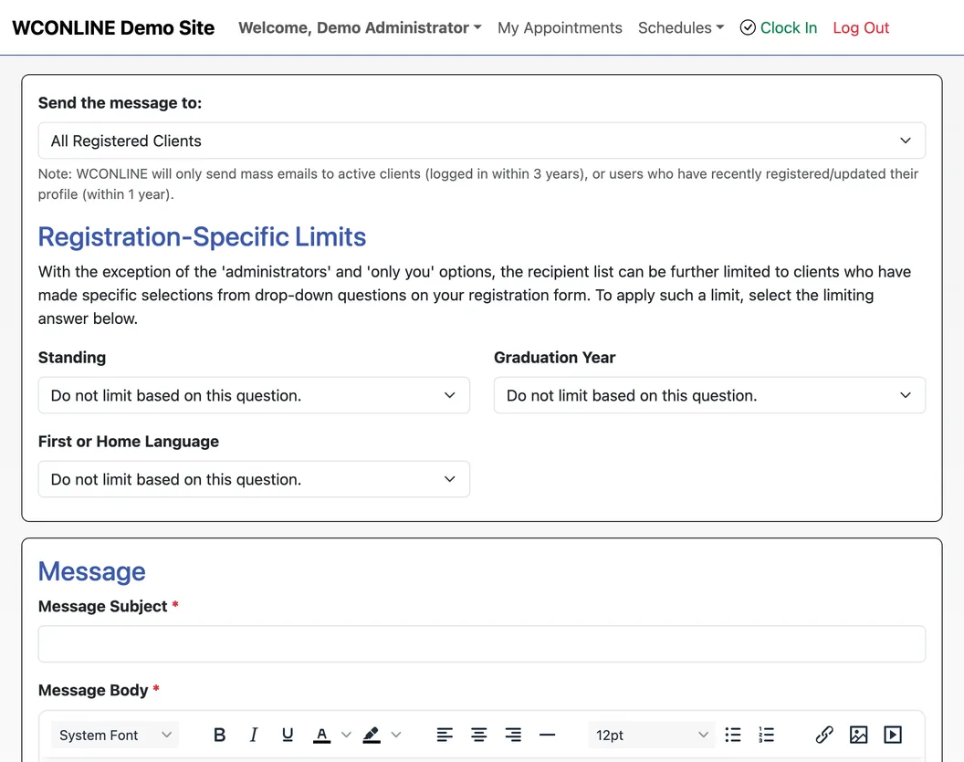 WCONLINE's mass email form addressing all registered clients, with optional limits by registration answers such as standing and graduation year