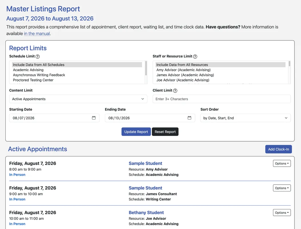WCONLINE's Master Listings Report with schedule, staff, content, and client limits above a week of active appointments