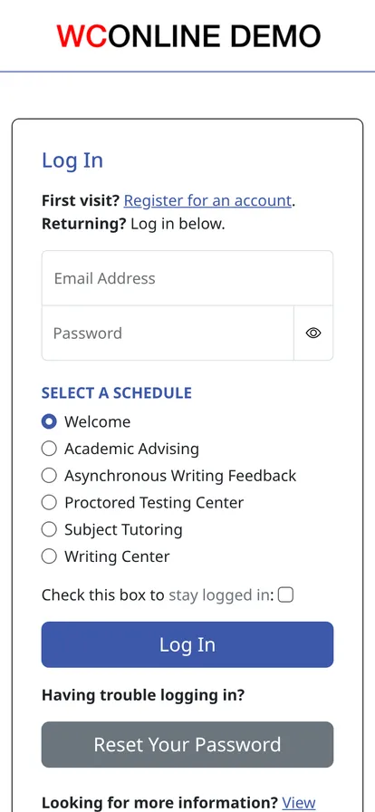 The WCONLINE log-in page on a phone, with the email and password fields above a list of schedules to choose from