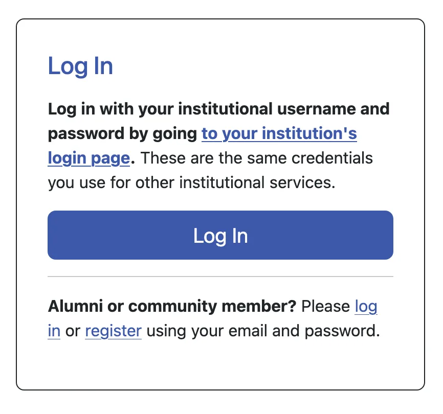 A WCONLINE log-in panel directing students to their institution's own login page to sign in with their usual institutional credentials, with an email log-in for alumni and community members