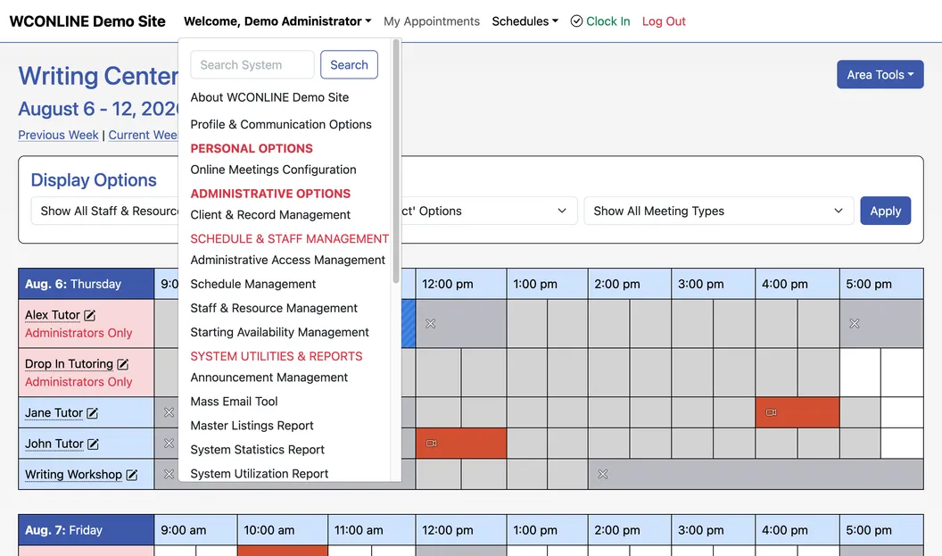 The WCONLINE Writing Center schedule for a week, with the administrative menu open over it listing client records, schedule and staff management, and the system reports