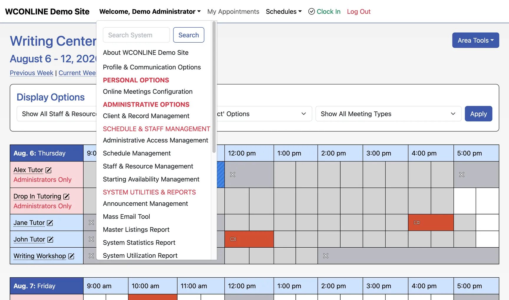 The WCONLINE Writing Center schedule for a week, with the administrative menu open over it listing client records, schedule and staff management, and the system reports
